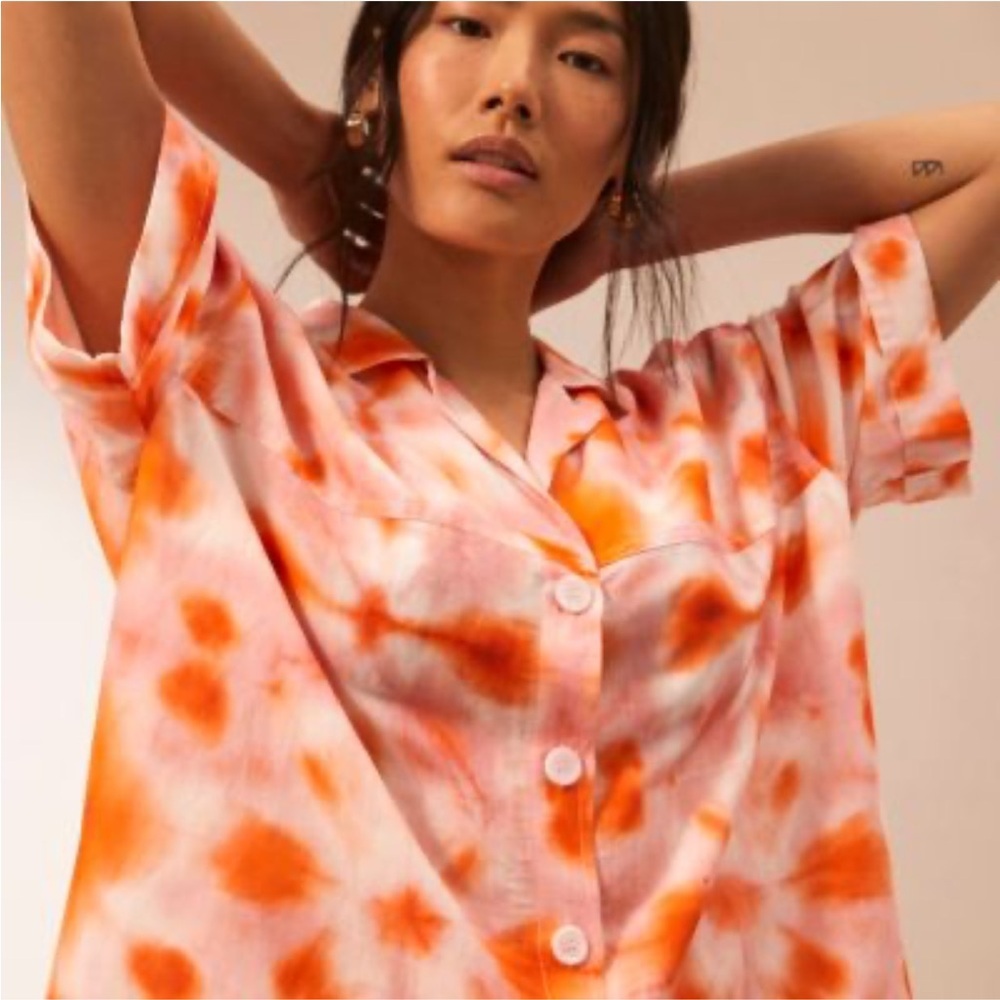 River Island Linen Tie-Dye Orange and White Button-Down Shirt sz 14